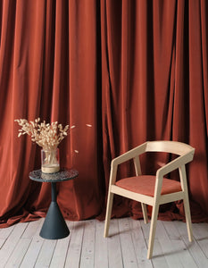 Rust terracotta velvet curtains in rustic style meets midcentury modern scandi